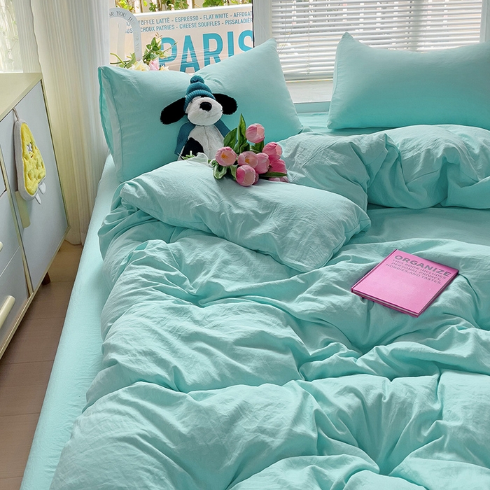 91家纺网 家纺一手货源 找家纺 森璐 2025新款水洗棉双拼四件套宿舍三件套床单被套枕套纯色-水绿色