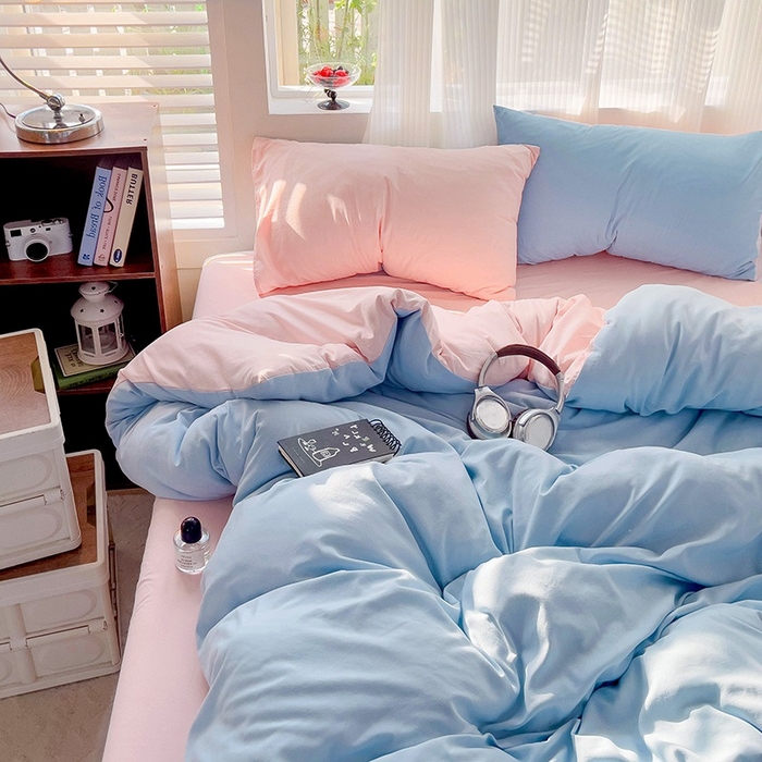 91家纺网 家纺一手货源 找家纺 森璐 2025新款水洗棉双拼四件套宿舍三件套床单被套枕套双拼-天蓝粉