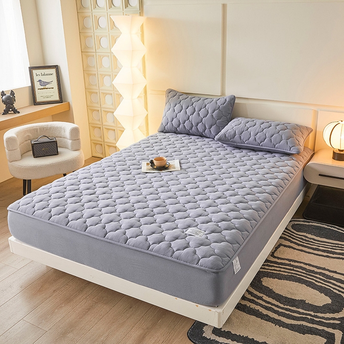 91家纺网 家纺一手货源 找家纺 3C 2025新款全棉水洗棉夹棉床笠-梦屿系列 梦屿 蓝灰