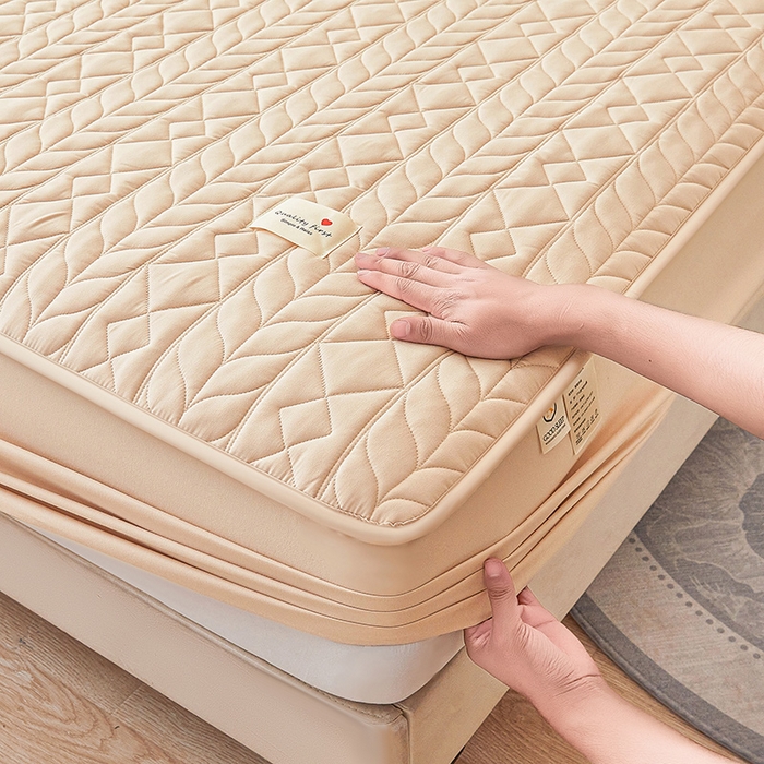 91家纺网 家纺一手货源 找家纺 3C 2025新款A类亲肤夹棉床笠-麦穗格 麦穗格 浅卡其