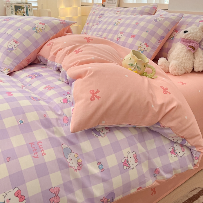 91家纺网 家纺一手货源 找家纺 2025新款全棉卡通小清新系列四件套 糖果猫