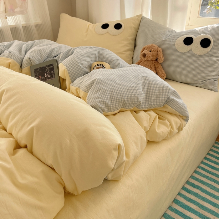 91家纺网 家纺一手货源 找家纺 （总）2025新款A类亲肤舒适软糯云柔水洗棉大眼睛毛巾绣混搭格子撞色系列四件套