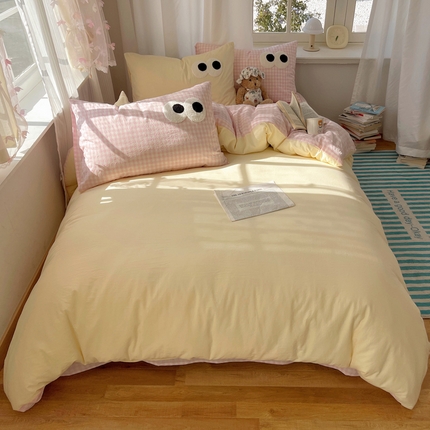 2025新款A类亲肤舒适软糯云柔水洗棉大眼睛毛巾绣混搭格子撞色系列四件套 大眼粉小格奶黄2