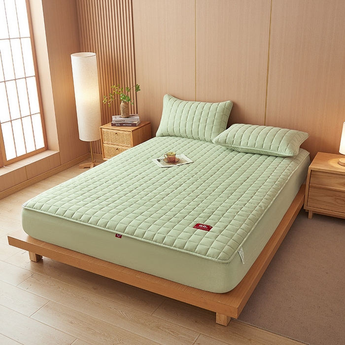 91家纺网 家纺一手货源 找家纺 3C 2025新款全棉水洗棉夹棉床笠-良品 良品 抹茶绿