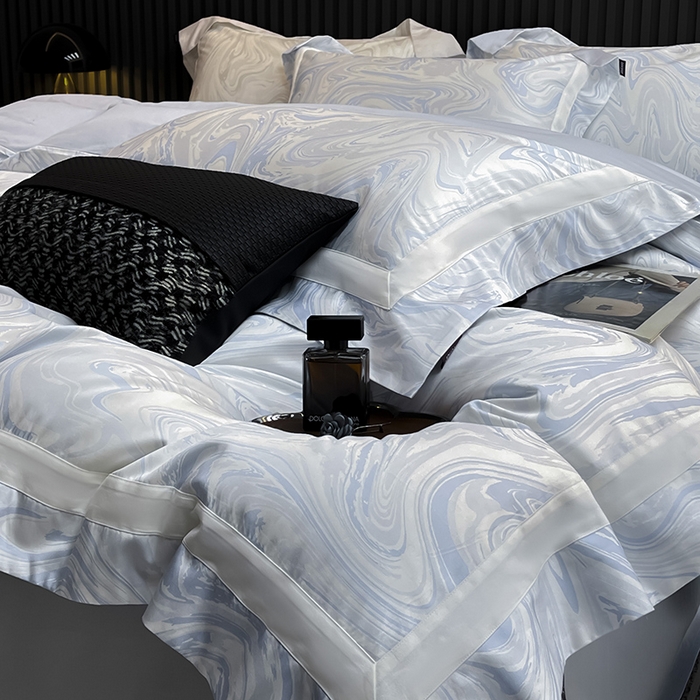 91家纺网 家纺一手货源 找家纺 春夏爆款全棉数码印花四件套纯棉轻奢风长绒棉床单被套时尚床上用品浮影 SM浮影-沁水蓝