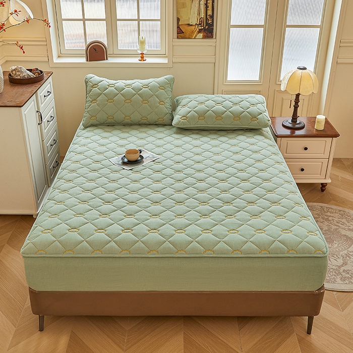 91家纺网 家纺一手货源 找家纺 3C 2024新款云朵全棉水洗棉床笠 云朵 抹茶绿