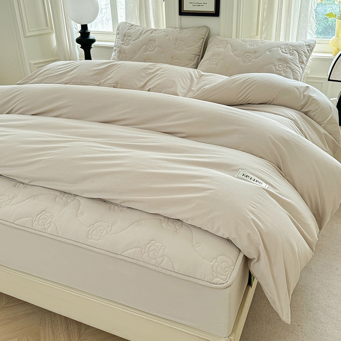 91家纺网 家纺一手货源 找家纺 3C 2024新款全棉水洗棉夹棉玫瑰床笠-花语系列 花语 烟雾灰