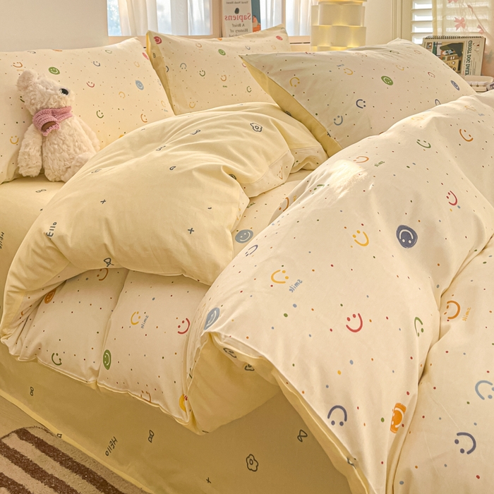 91家纺网 家纺一手货源 找家纺 2025新款全棉卡通小清新系列四件套 多彩笑脸