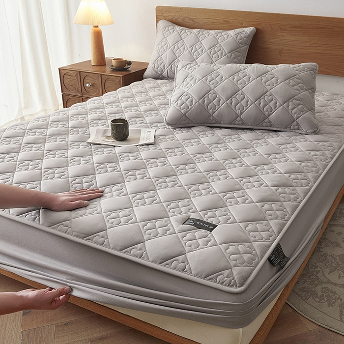 91家纺网 家纺一手货源 找家纺 3C 2025新款A类亲肤夹棉床笠-花叶 花叶 冰山灰