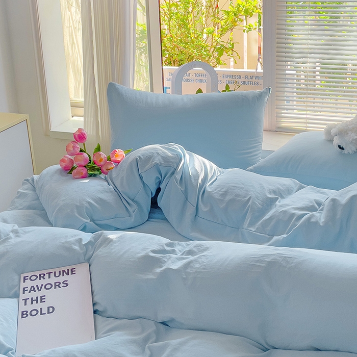 91家纺网 家纺一手货源 找家纺 森璐 2025新款水洗棉双拼四件套宿舍三件套床单被套枕套纯色-浅蓝色