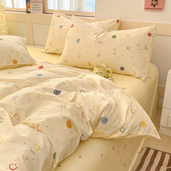 91家纺网 家纺一手货源 找家纺 2025新款全棉卡通小清新系列四件套 多彩笑脸