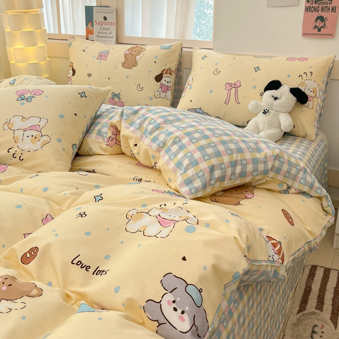 91家纺网 家纺一手货源 找家纺 2025新款全棉卡通小清新系列四件套 好奇狗