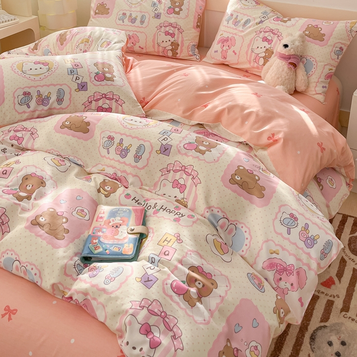 91家纺网 家纺一手货源 找家纺 2025新款全棉卡通小清新系列四件套 粉粉猫