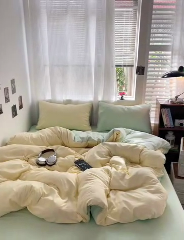 91家纺网 家纺一手货源 找家纺 森璐 2025新款水洗棉双拼四件套宿舍三件套床单被套枕套双拼-浅黄绿