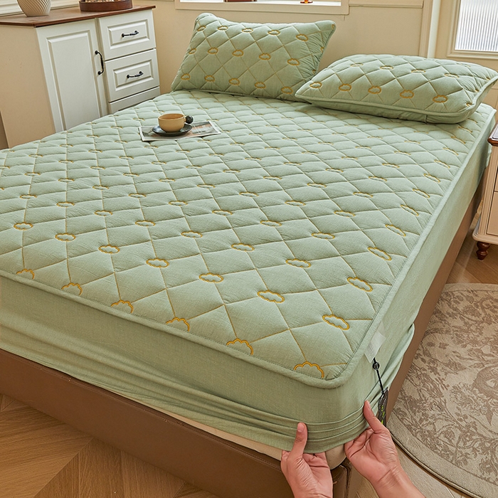 91家纺网 家纺一手货源 找家纺 3C 2024新款云朵全棉水洗棉床笠 云朵 抹茶绿