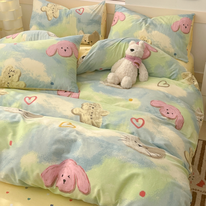 91家纺网 家纺一手货源 找家纺 2025新款全棉卡通小清新系列四件套 油画慕斯猫