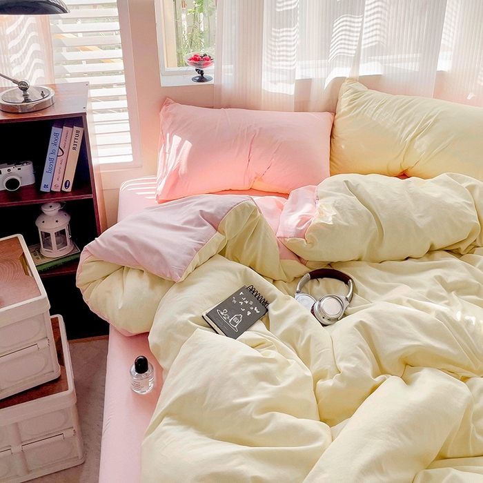 91家纺网 家纺一手货源 找家纺 森璐 2025新款水洗棉双拼四件套宿舍三件套床单被套枕套双拼-浅黄粉