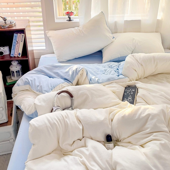 91家纺网 家纺一手货源 找家纺 森璐 2025新款水洗棉双拼四件套宿舍三件套床单被套枕套双拼-奶白蓝