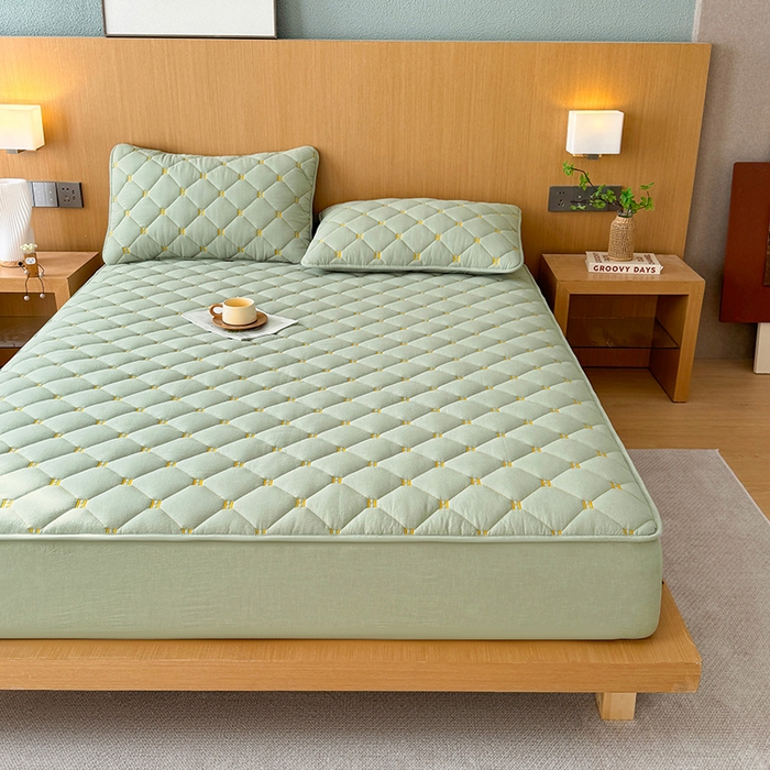 91家纺网 家纺一手货源 找家纺 3C 2024新款H全棉水洗棉床笠 抹茶绿