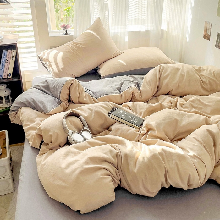 91家纺网 家纺一手货源 找家纺 森璐 2025新款水洗棉双拼四件套宿舍三件套床单被套枕套双拼-驼卡灰