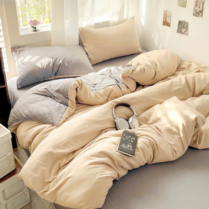 91家纺网 家纺一手货源 找家纺 森璐 2025新款水洗棉双拼四件套宿舍三件套床单被套枕套双拼-驼卡灰