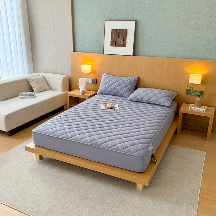 91家纺网 家纺一手货源 找家纺 3C 2024新款H全棉水洗棉床笠 蓝灰