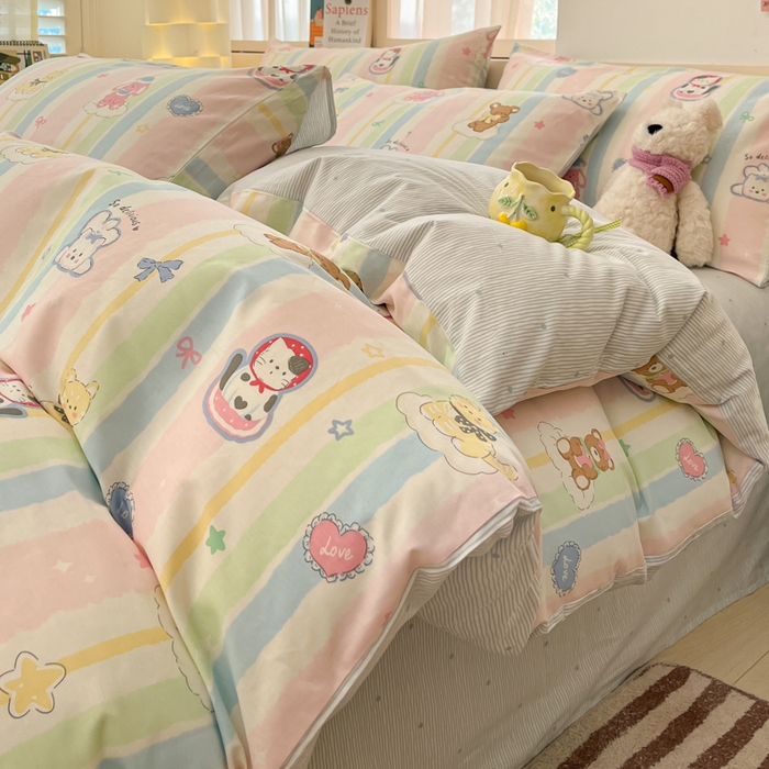 91家纺网 家纺一手货源 找家纺 2025新款全棉卡通小清新系列四件套 甜宠蜜语