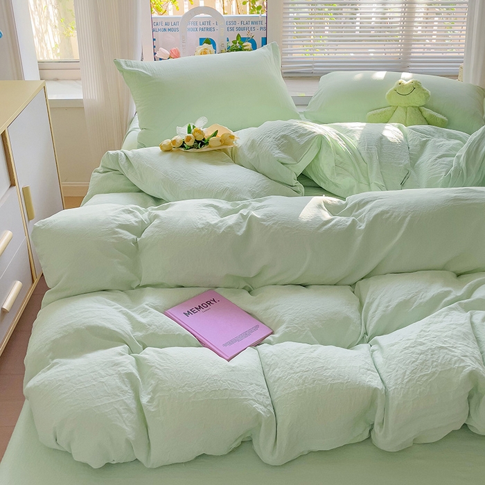91家纺网 家纺一手货源 找家纺 森璐 2025新款水洗棉双拼四件套宿舍三件套床单被套枕套纯色-藻绿色