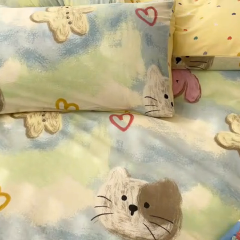 91家纺网 家纺一手货源 找家纺 2025新款全棉卡通小清新系列四件套 油画慕斯猫