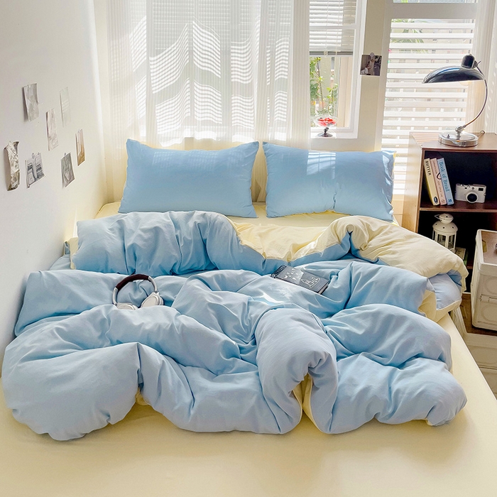 91家纺网 家纺一手货源 找家纺 森璐 2025新款水洗棉双拼四件套宿舍三件套床单被套枕套双拼-天蓝黄