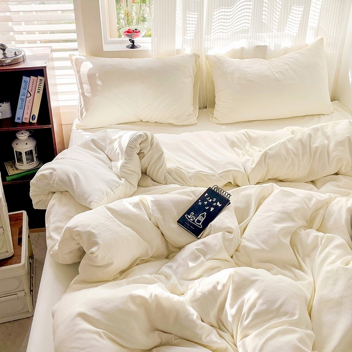91家纺网 家纺一手货源 找家纺 森璐 2025新款水洗棉双拼四件套宿舍三件套床单被套枕套纯色-奶白