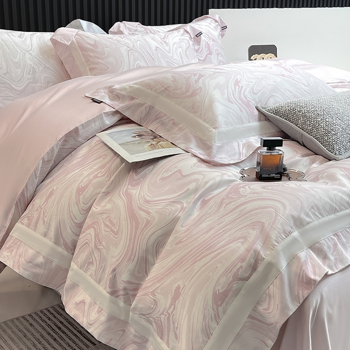 91家纺网 家纺一手货源 找家纺 春夏爆款全棉数码印花四件套纯棉轻奢风长绒棉床单被套时尚床上用品浮影 SM浮影-静谧粉