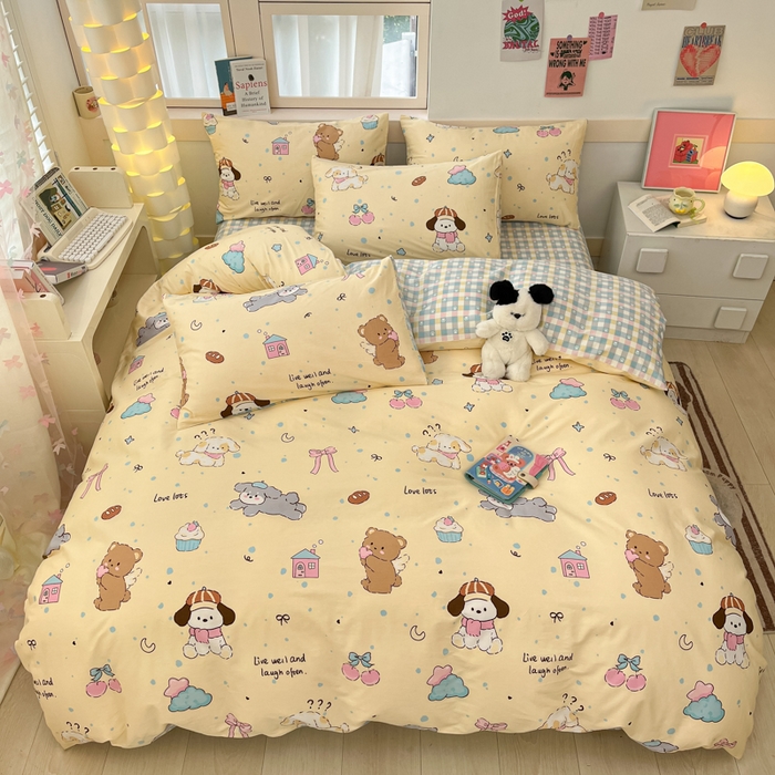 91家纺网 家纺一手货源 找家纺 2025新款全棉卡通小清新系列四件套 好奇狗