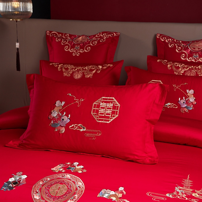 91家纺网 家纺一手货源 找家纺 东方合美（原：皇家传奇） 2023新款40s全工艺喷气刺绣纯棉婚庆多件套-系列三 百子百福