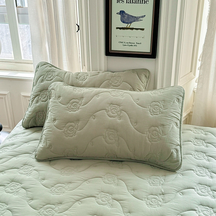 91家纺网 家纺一手货源 找家纺 3C 2024新款全棉水洗棉夹棉玫瑰床笠-花语系列 花语 抹茶绿