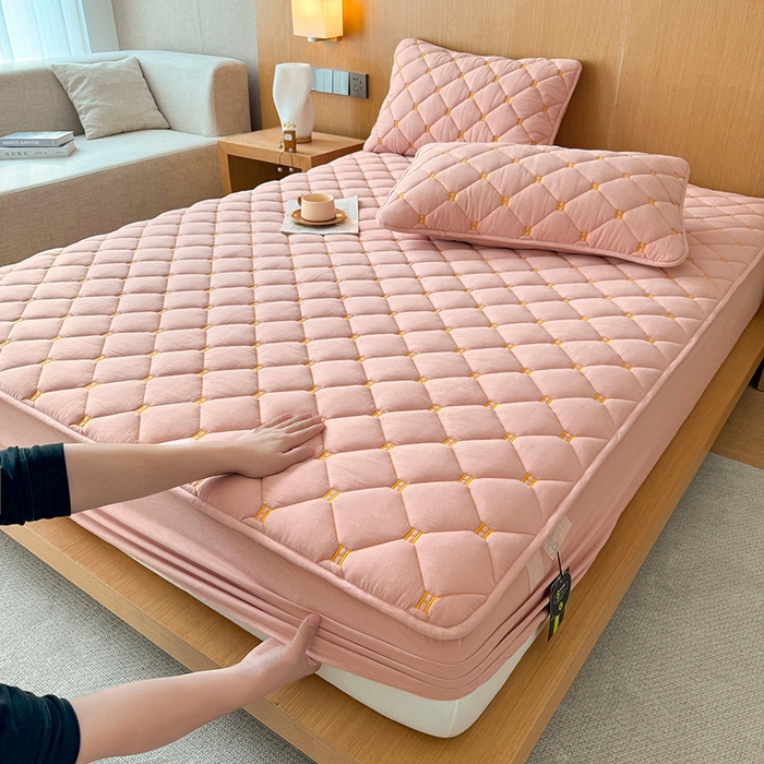 91家纺网 家纺一手货源 找家纺 3C 2024新款H全棉水洗棉床笠 浅豆沙