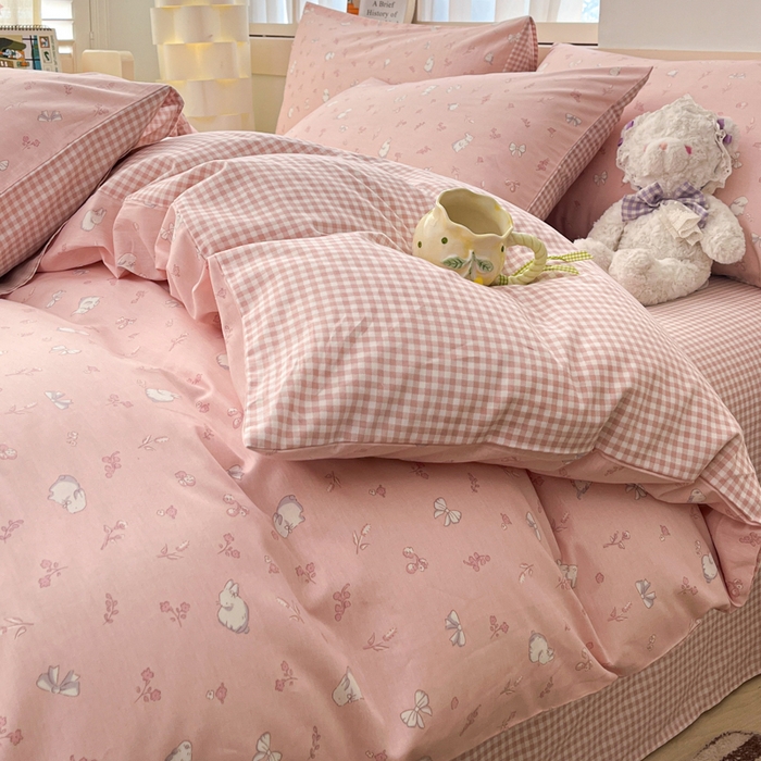 91家纺网 家纺一手货源 找家纺 2025新款全棉卡通小清新系列四件套 玉兔粉