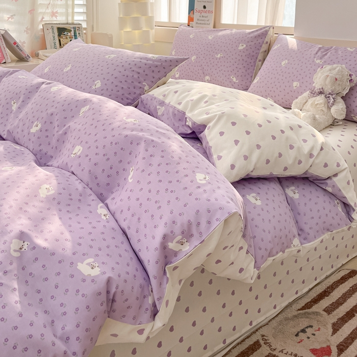 91家纺网 家纺一手货源 找家纺 2025新款全棉卡通小清新系列四件套 紫花猫