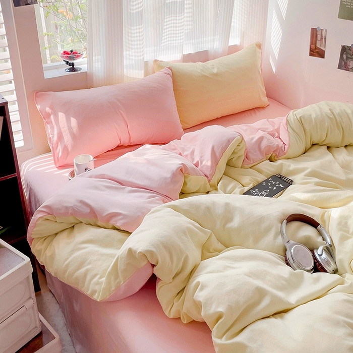 91家纺网 家纺一手货源 找家纺 森璐 2025新款水洗棉双拼四件套宿舍三件套床单被套枕套双拼-浅黄粉