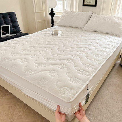 3C 2024新款全棉水洗棉夹棉玫瑰床笠-花语系列 花语 奶昔白