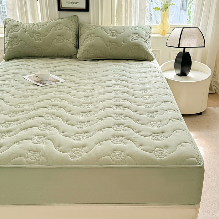 91家纺网 家纺一手货源 找家纺 3C 2024新款全棉水洗棉夹棉玫瑰床笠-花语系列 花语 抹茶绿