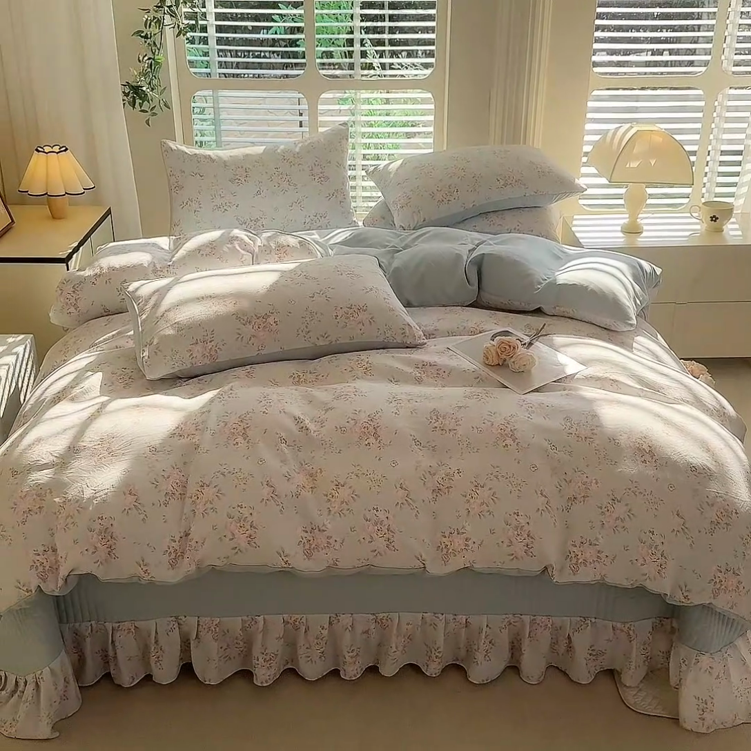 91家纺网 家纺一手货源 找家纺 韩约家纺 2025新款简约款1针织双层纱床盖四件套 淡雅花姿（简约款）