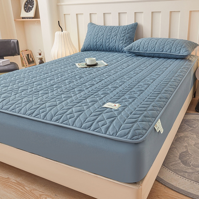 91家纺网 家纺一手货源 找家纺 3C 2025新款A类亲肤夹棉床笠-麦穗格 麦穗格 深海蓝