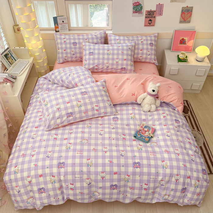 91家纺网 家纺一手货源 找家纺 2025新款全棉卡通小清新系列四件套 糖果猫