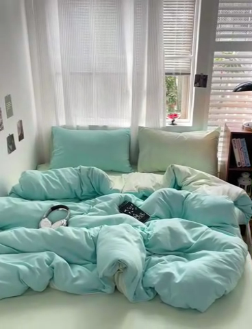91家纺网 家纺一手货源 找家纺 森璐 2025新款水洗棉双拼四件套宿舍三件套床单被套枕套双拼-湖水绿