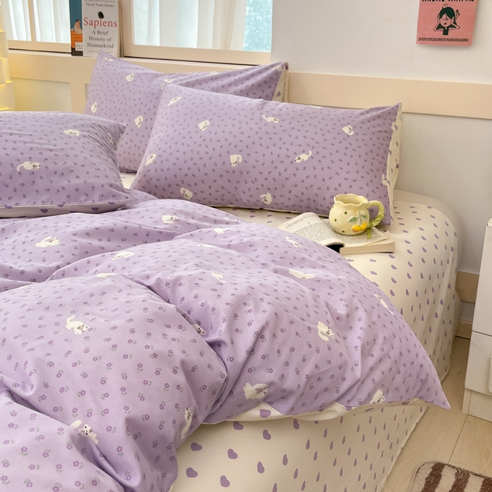 91家纺网 家纺一手货源 找家纺 2025新款全棉卡通小清新系列四件套 紫花猫