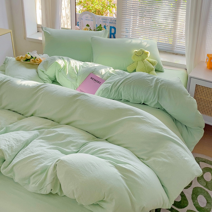 91家纺网 家纺一手货源 找家纺 森璐 2025新款水洗棉双拼四件套宿舍三件套床单被套枕套纯色-藻绿色