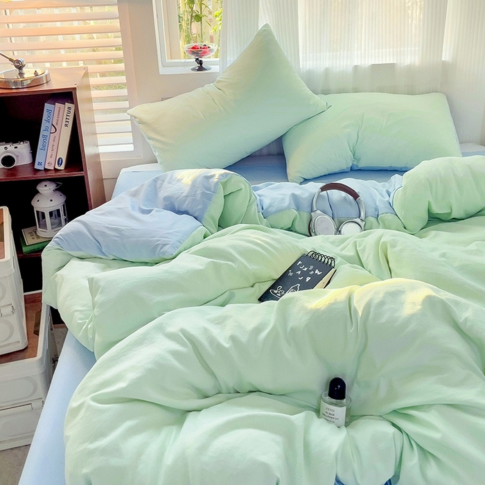 91家纺网 家纺一手货源 找家纺 森璐 2025新款水洗棉双拼四件套宿舍三件套床单被套枕套双拼-藻绿蓝