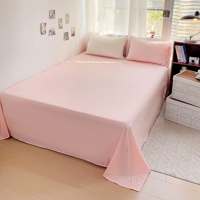 91家纺网 家纺一手货源 找家纺 森璐 2025新款水洗棉双拼四件套宿舍三件套床单被套枕套双拼-奶白粉