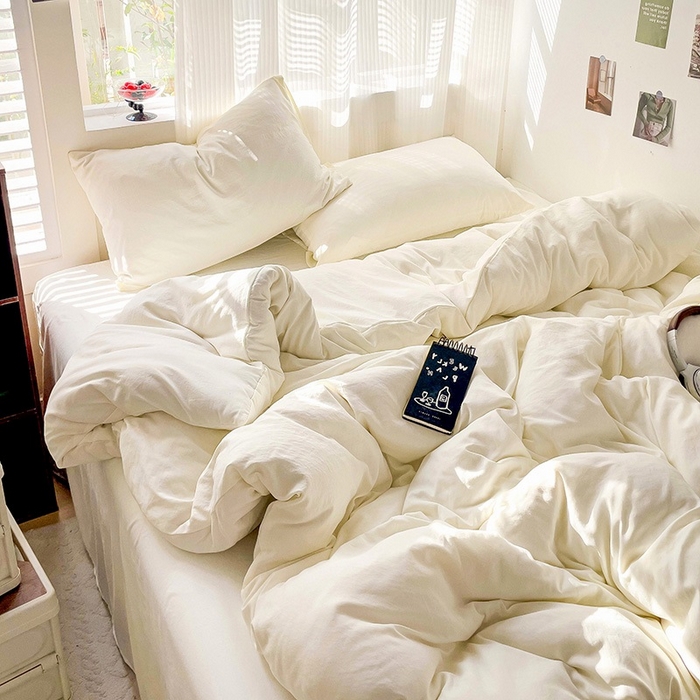91家纺网 家纺一手货源 找家纺 森璐 2025新款水洗棉双拼四件套宿舍三件套床单被套枕套纯色-奶白